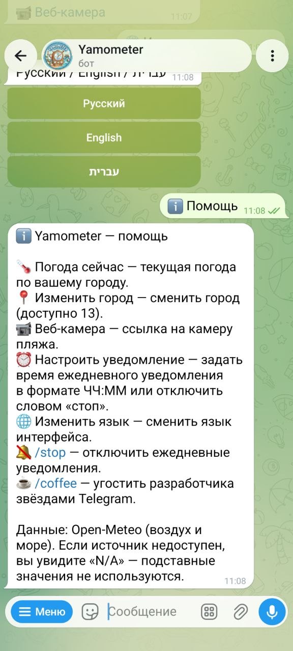 Yamometer — выбор языка и справка «Помощь»